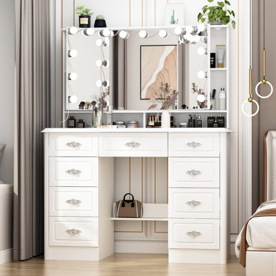 Us CHARMAID Vanity Desk With Mirror And Lights, Farmhouse Makeup Vanity Desk With 7 Drawers, 45" White Vanity Dressing Table For Bedroom